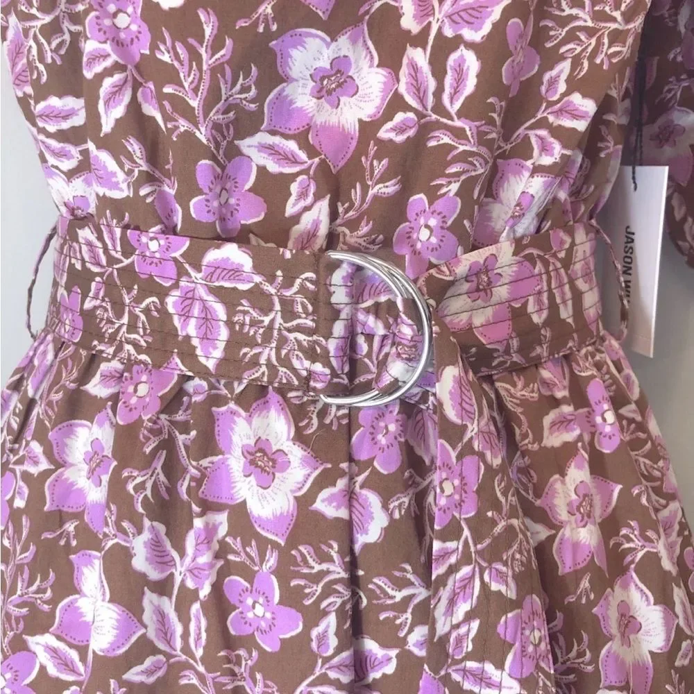 Jason Wu one shoulder lined floral cotton blend belted mini dress. M